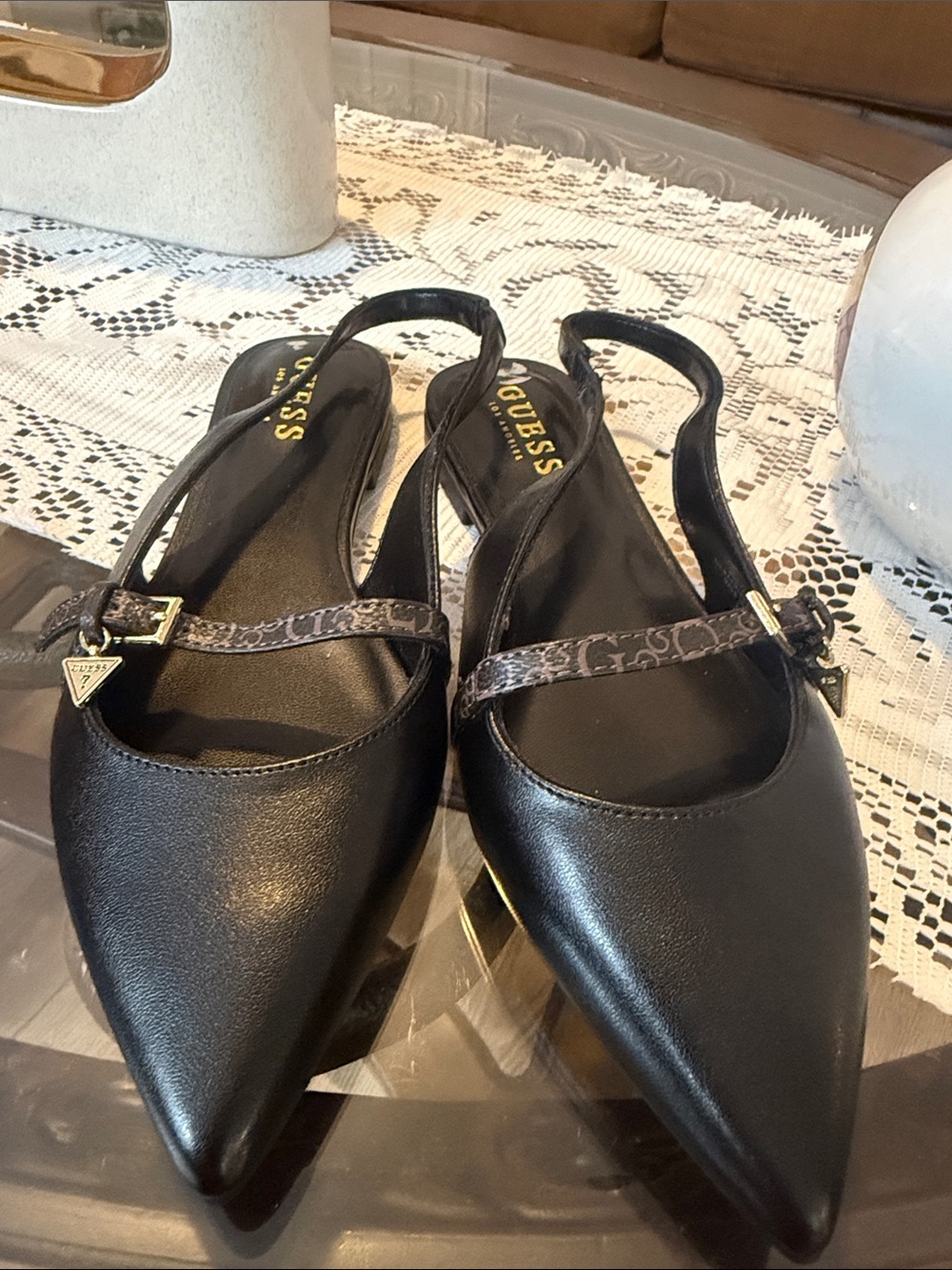 GUESS Black Pointed Slingback Flats with Logo Strap